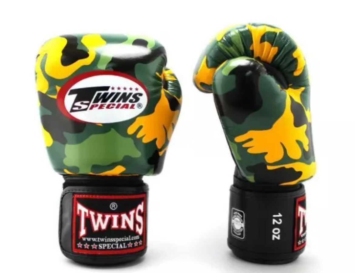 Gants de boxe Muay Thai Twins Special « Camo » VERT/JAUNE FBGVL3-AR