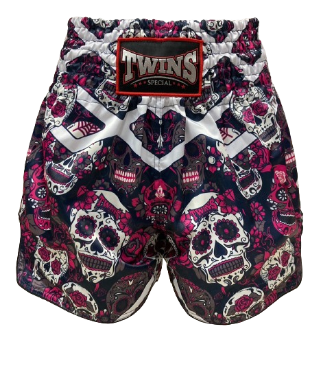 Short de kickboxing Muay Thai Twins Special TBS « Caraveras Pink » à motif tête de mort