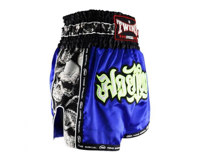 Short de kickboxing TBS Twins Special « Skull » bleu/gris